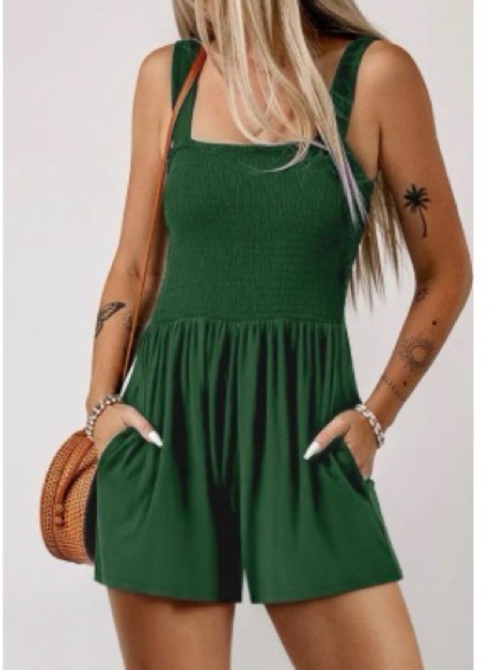 Emerald Green Smocked Romper with Pockets